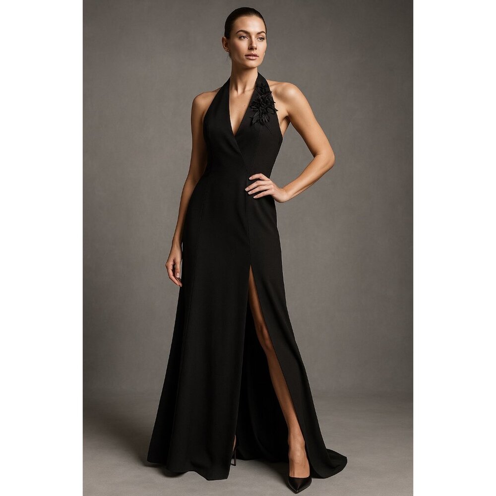 Miss Max Black Halter Evening Gown with Floral Appliqué Size 44 L - Picture 2 of 16